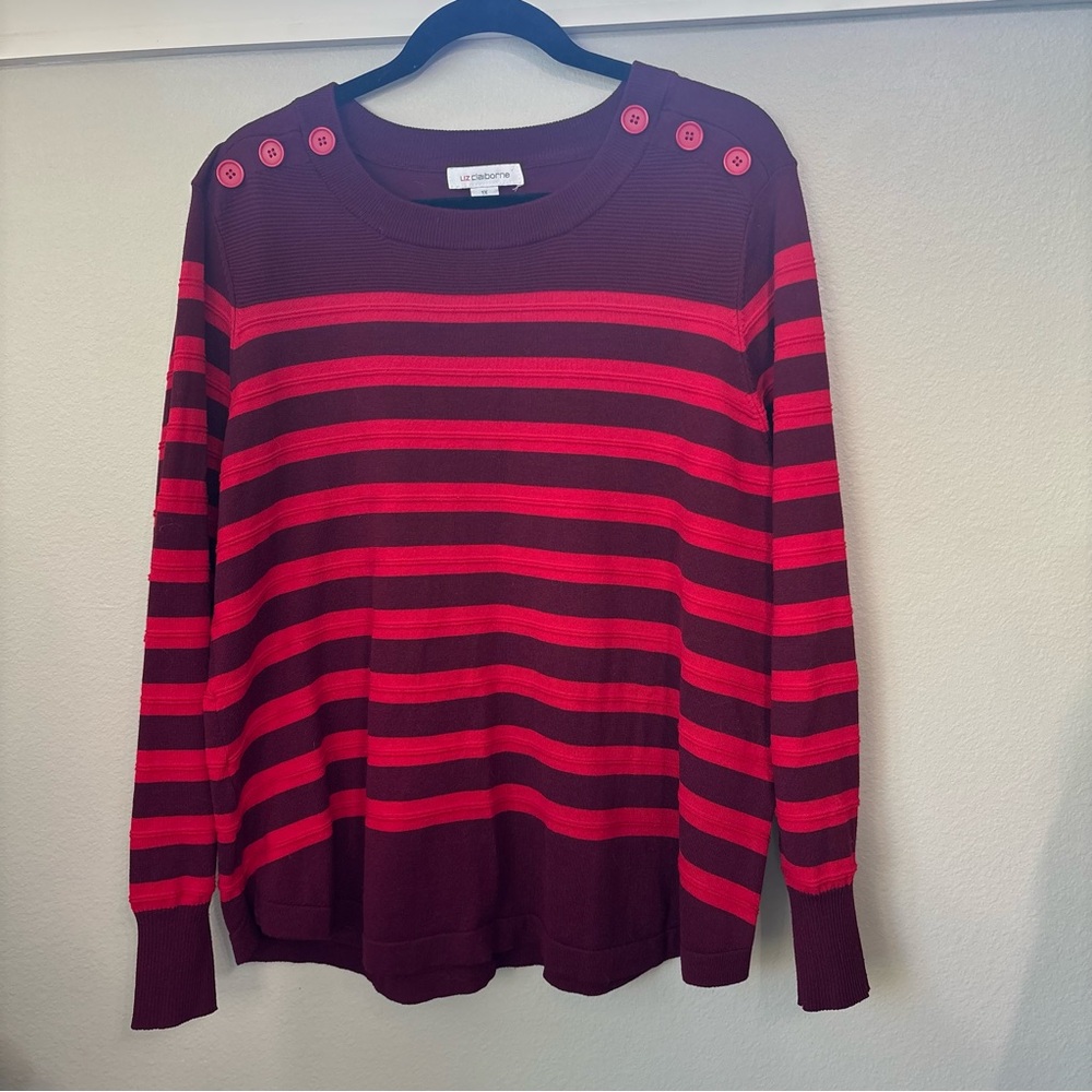 Liz Claiborne Womens Striped Shoulder Button Sweater Burgundy Pink 1X
